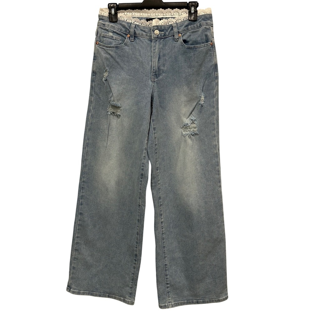 Madden NYC Womens Light Wash Lace Trim Distressed Wide Leg Jeans Size 4 WMGP116X